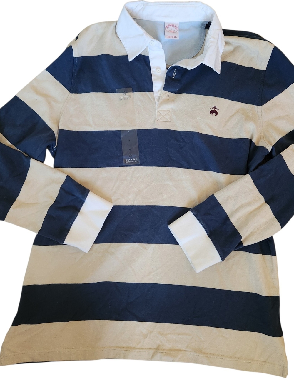 Brooks Brothers Navy and Cream Striped Rugby Shirt Sz Large Preppy Cotton